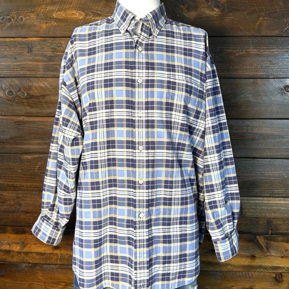 Polo Ralph‎ Lauren BIG Shirt Men Lg Blue Plaid Cotton Button Down Oxford Shirt